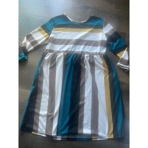 Egy Womens XL Long Sleeve Striped Mini Babydoll Dress Teal Yellow Brown EKD1192